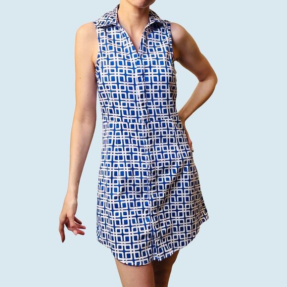 Vintage Julie Brown Mod Blue & White Sleeveless‎ Dress – Size 4 – 60s Style - Picture 10 of 12